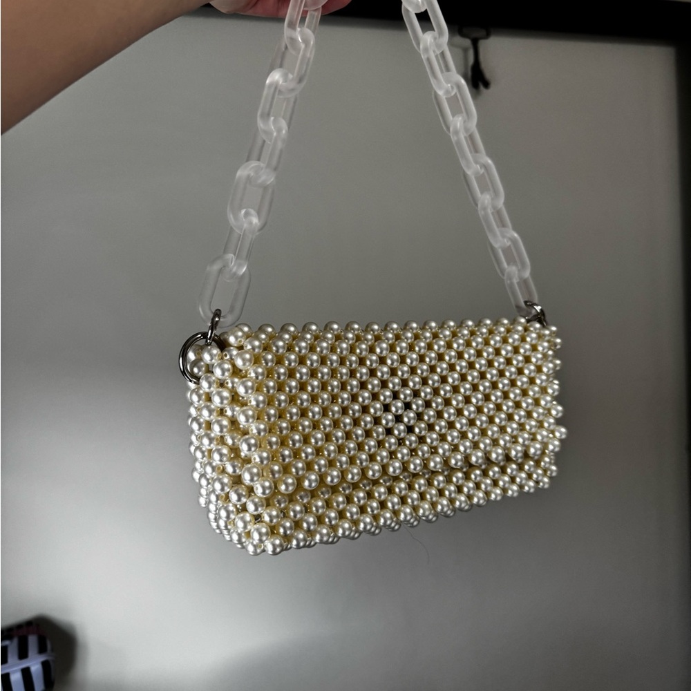 Elegant Pearl Beaded Handbag with Clear Chain